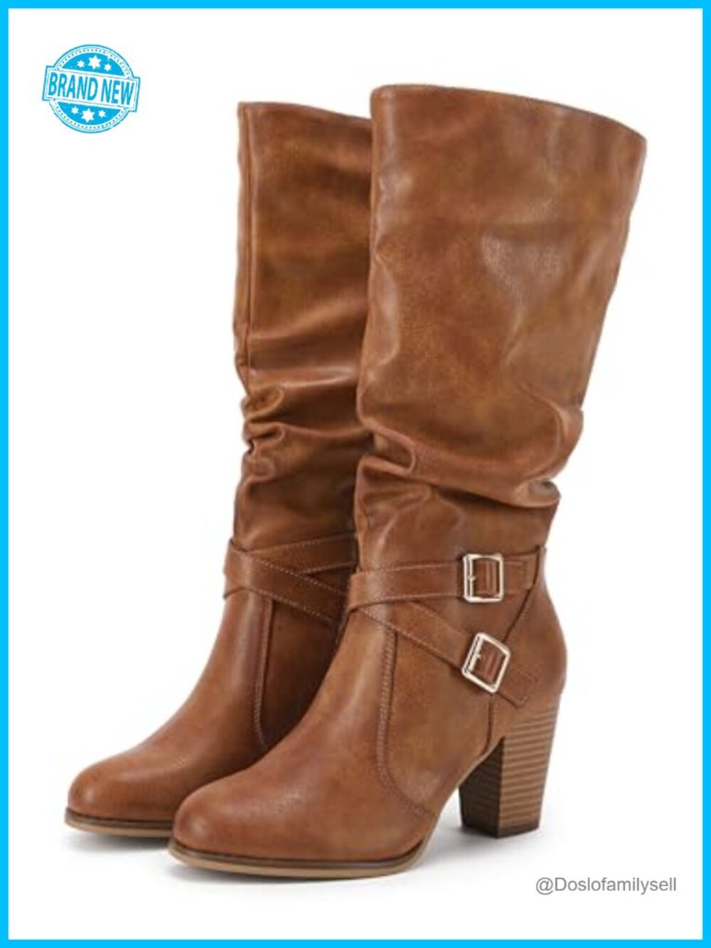 Mid Knee High Boots Chunky Heel Slouchy Metal Buckle Side Zipper Faux Leather
